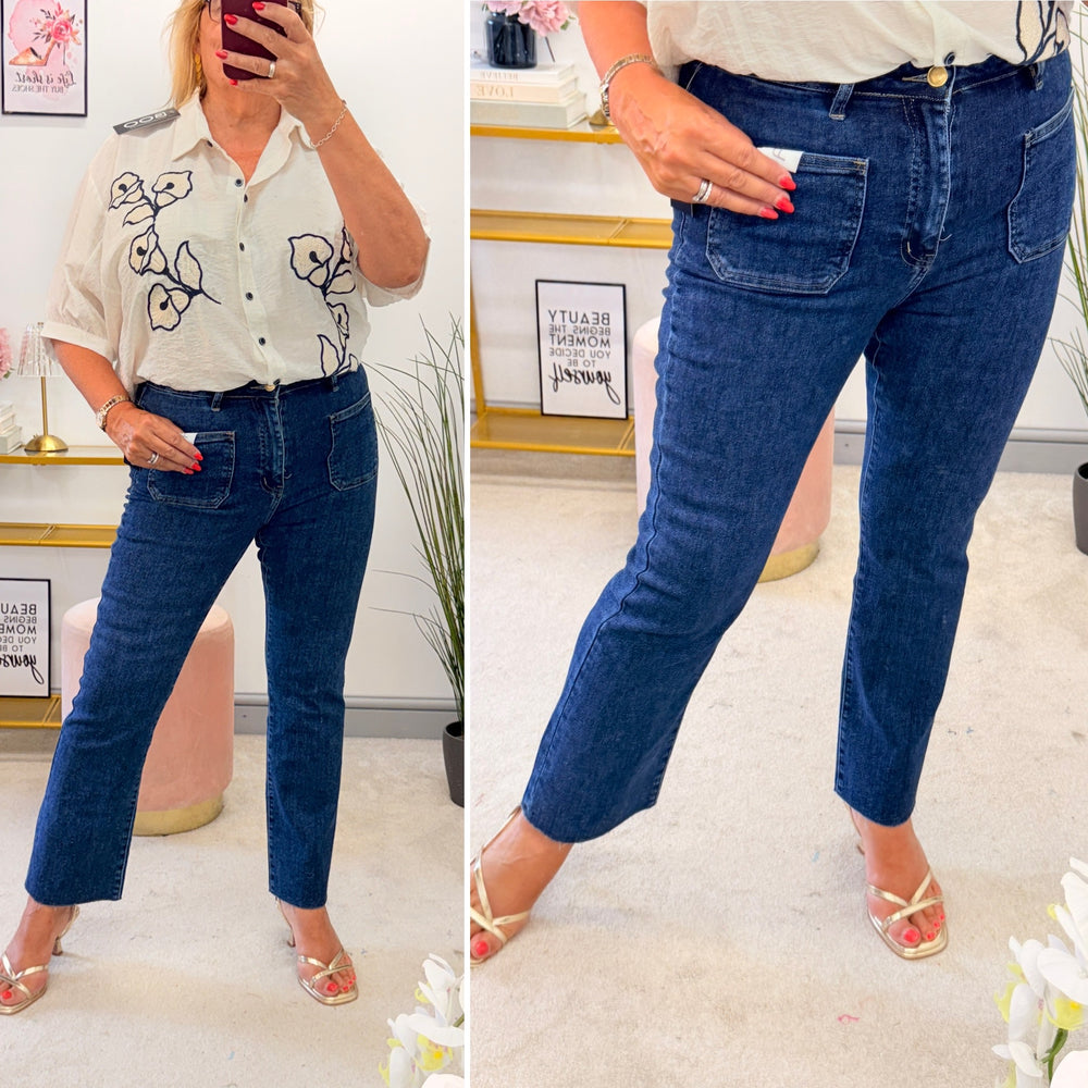 Ladies Dark Indigo Blue Cropped Leg Raw Edge Jeans