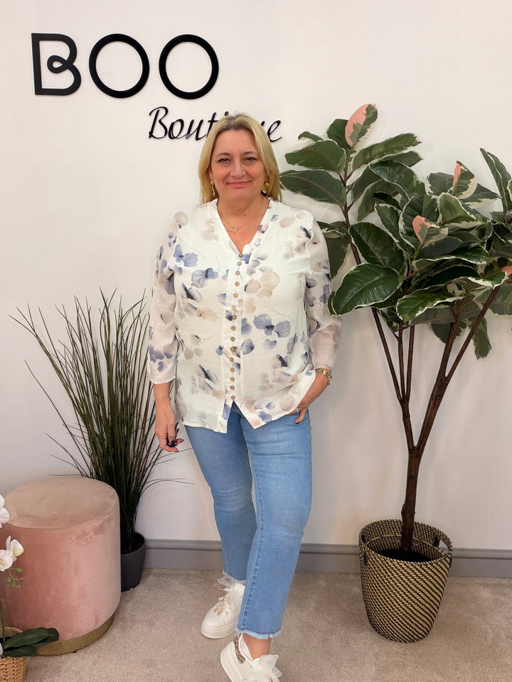 Ladies Fashion Pretty White & Blue Leaf Print blouse top