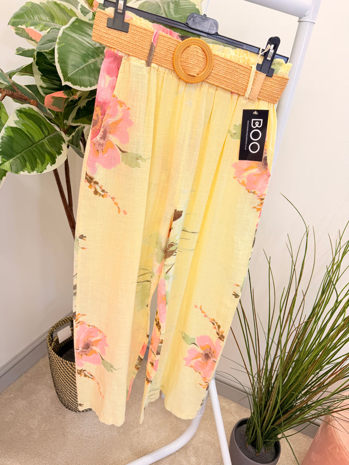 Ladies Fashion Flower Print Light Linen Wide Leg Trousers - White, Pink & Lemon