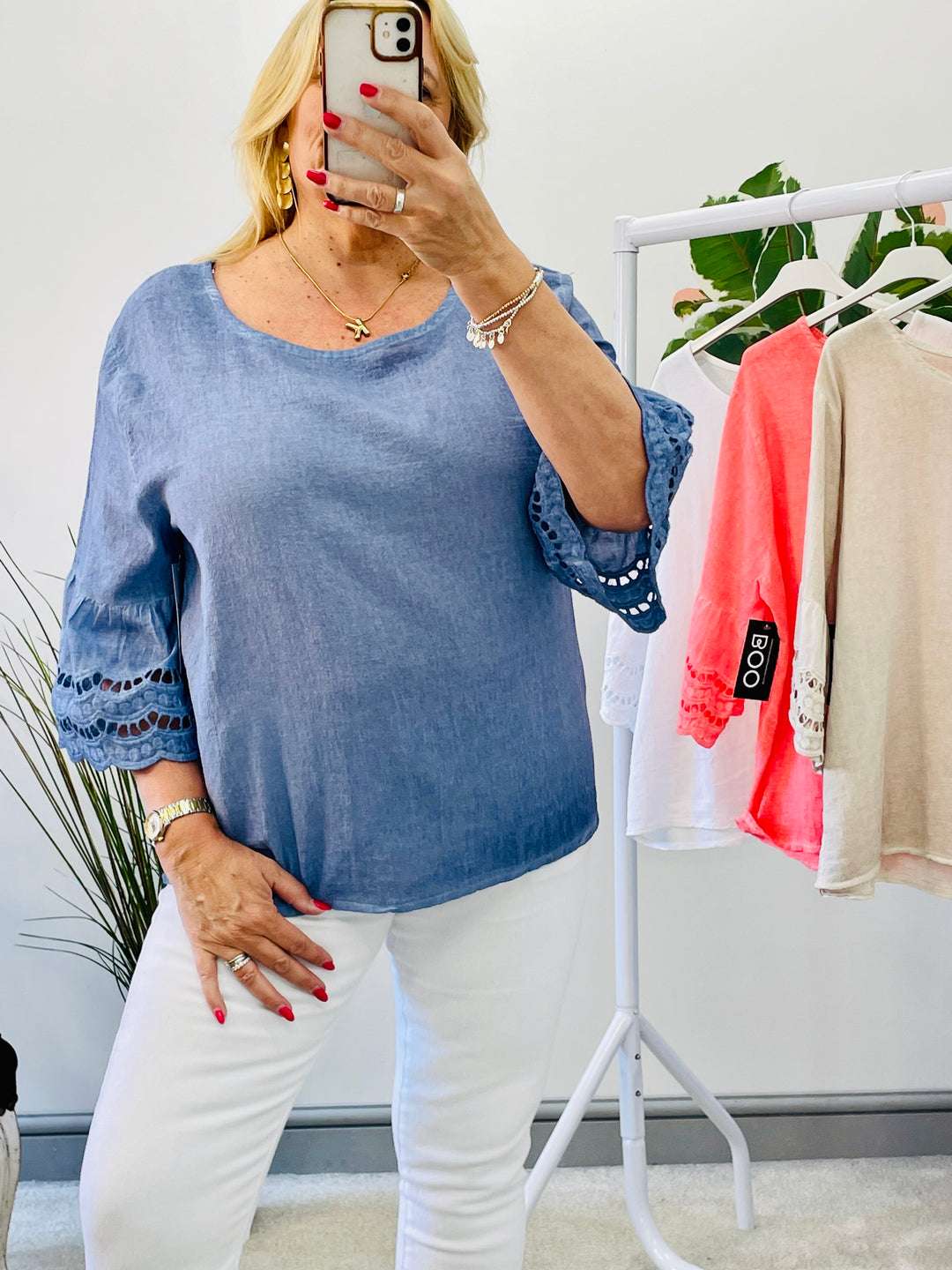 LADIES SUMMER LACE SLEEVE TOP - BLUE, CORAL, WHITE, BEIGE