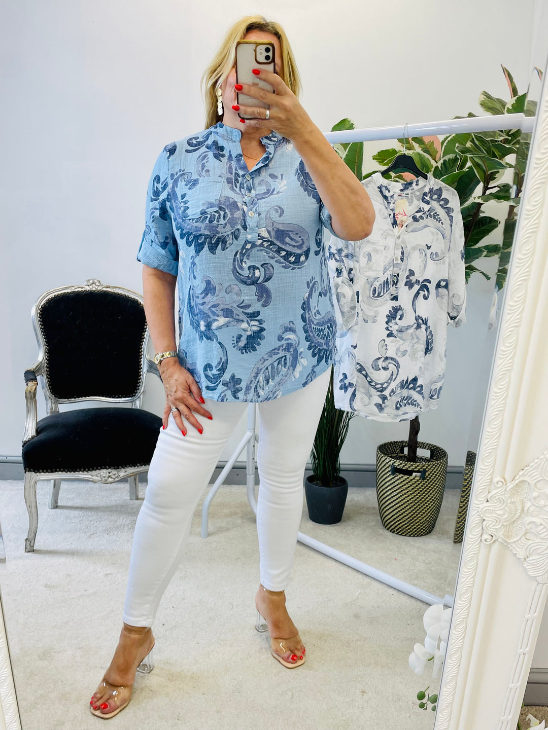 LADIES LINEN SUMMER CASUAL TOP - WHITE & BLUE