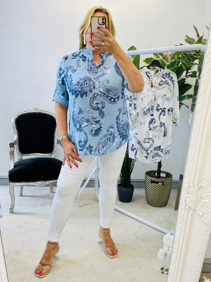 LADIES LINEN SUMMER CASUAL TOP - WHITE & BLUE