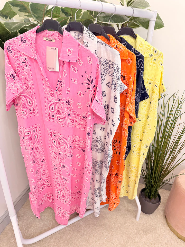 Ladies Cheesecloth Bandana Print Shift Summer Dress - Pink, White, Navy, Lemon & Orange
