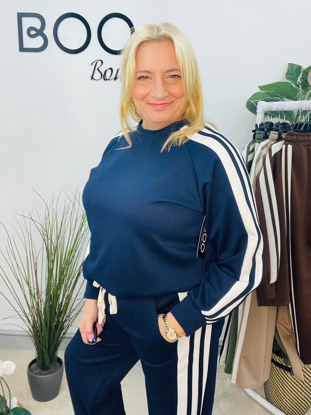 LADIES SPORTS LUXE STRIPE TROUSER CO ORD SET - BLACK, NAVY, KHAKI, MOCHA, BROWN