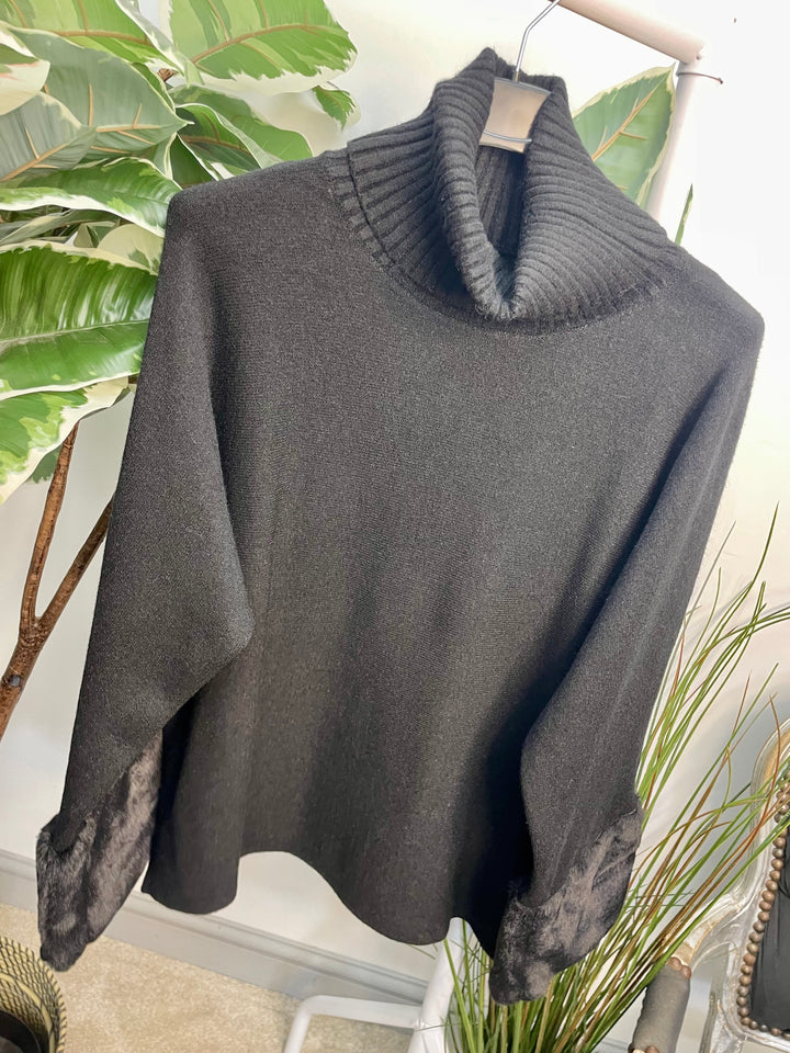 LADIES KNITTED FAUX FUR CUFF JUMPER - BURGUNDY, GREY, BLACK, BROWN, BEIGE, CAMEL
