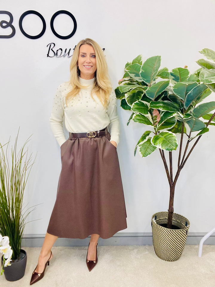 LADIES FAUX LEATHER MIDI SKIRT - CHOCOLATE BROWN & BLACK