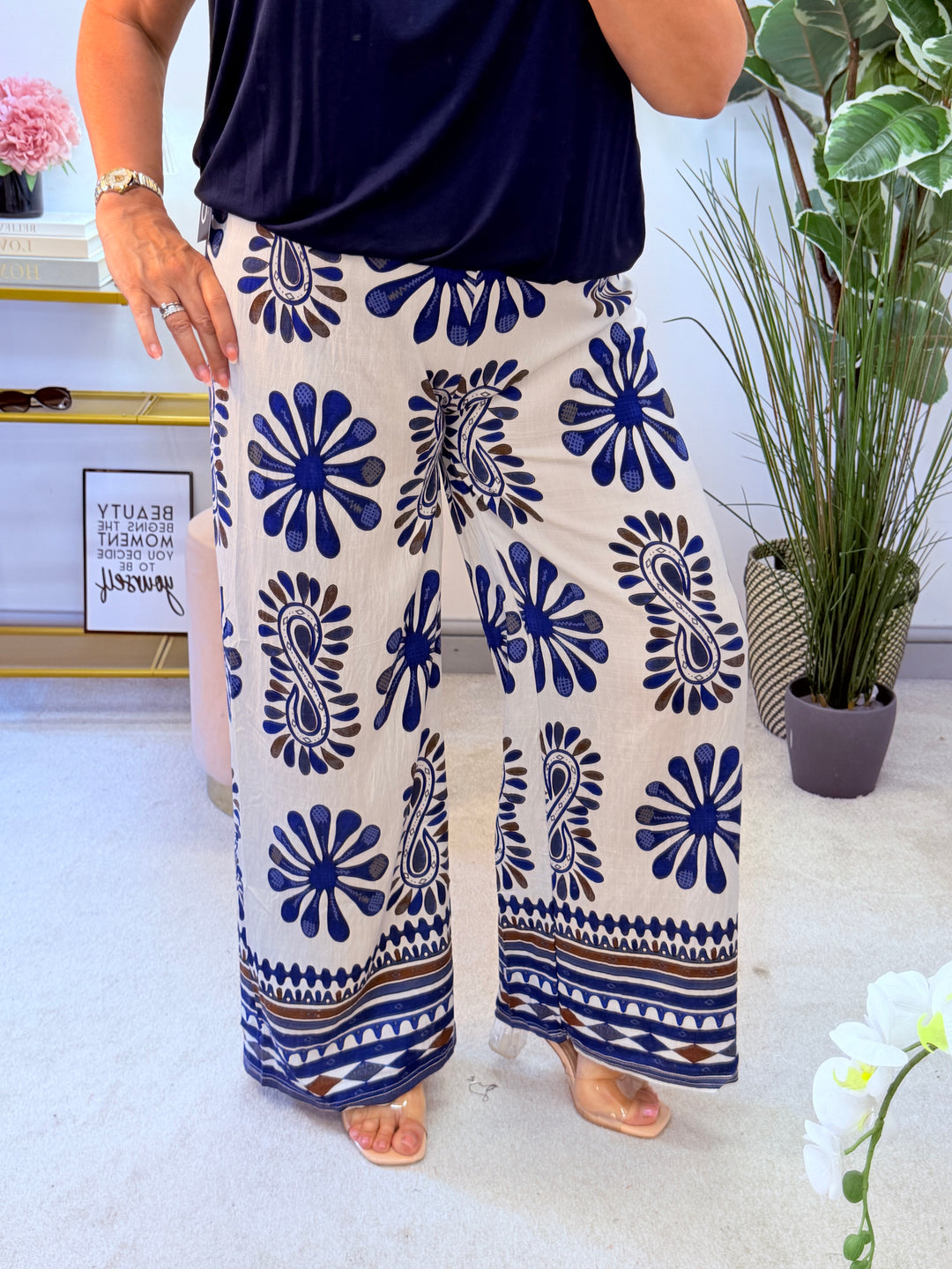 Ladies Palazzo Wide Leg Trousers - Pink, Khaki, Black & Blue