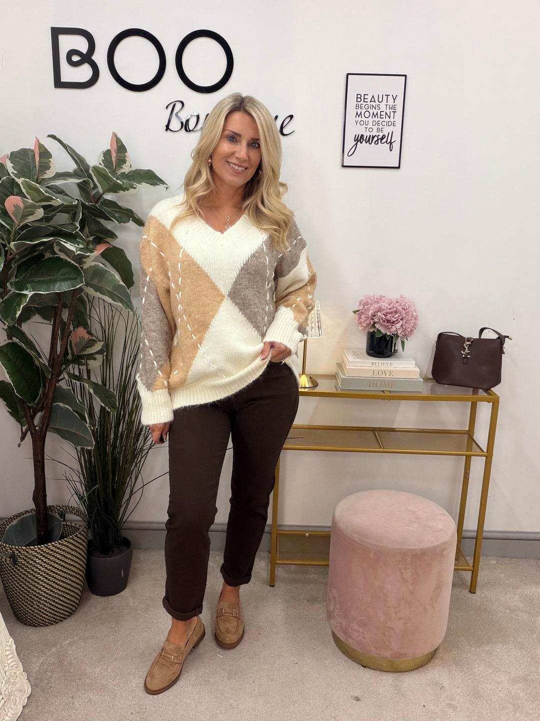 Ladies Fashion Cream Beige Mocha Cricket Loose Fit Jumper