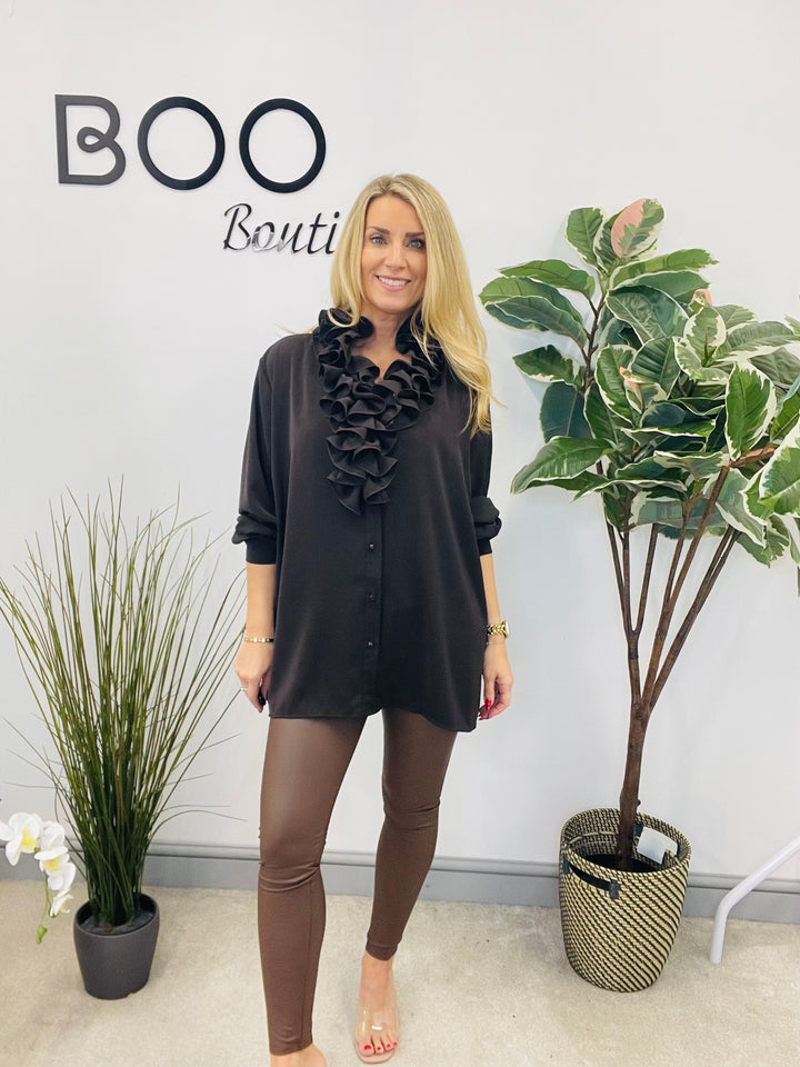 LADIES RUFFLE FRILL BLOUSE SHIRT - WHITE, BLACK, BROWN & BERRY