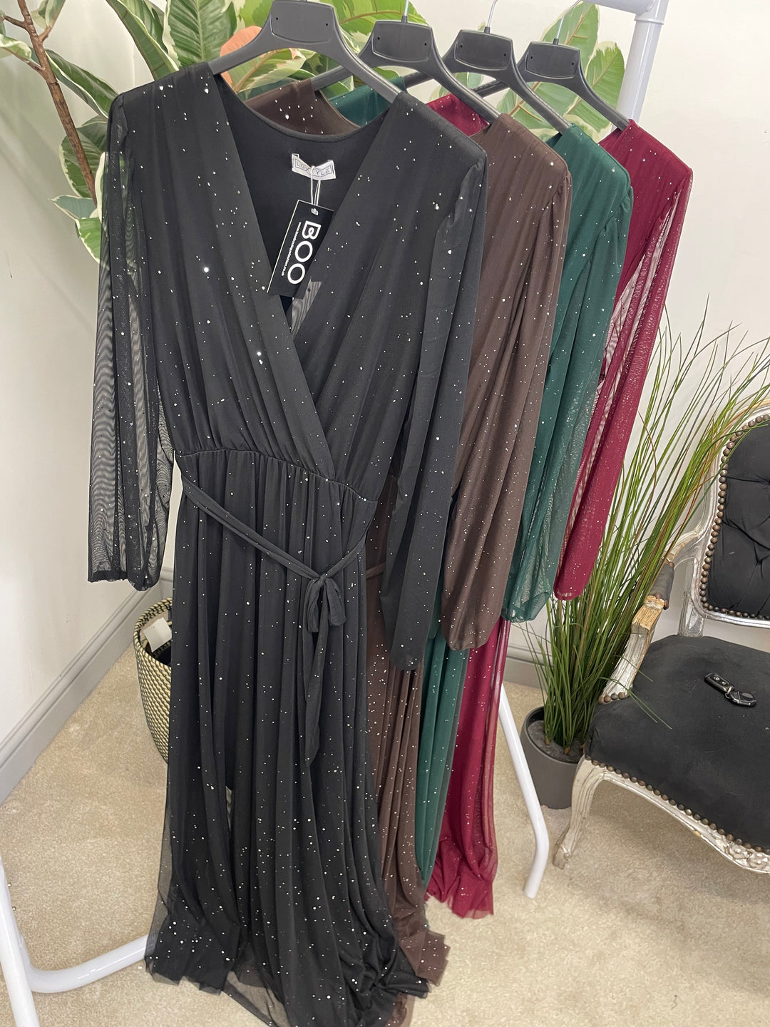 LADIES STRETCH NET PARTY MAXI DRESS - BLACK, BERRY, BROWN & GREEN