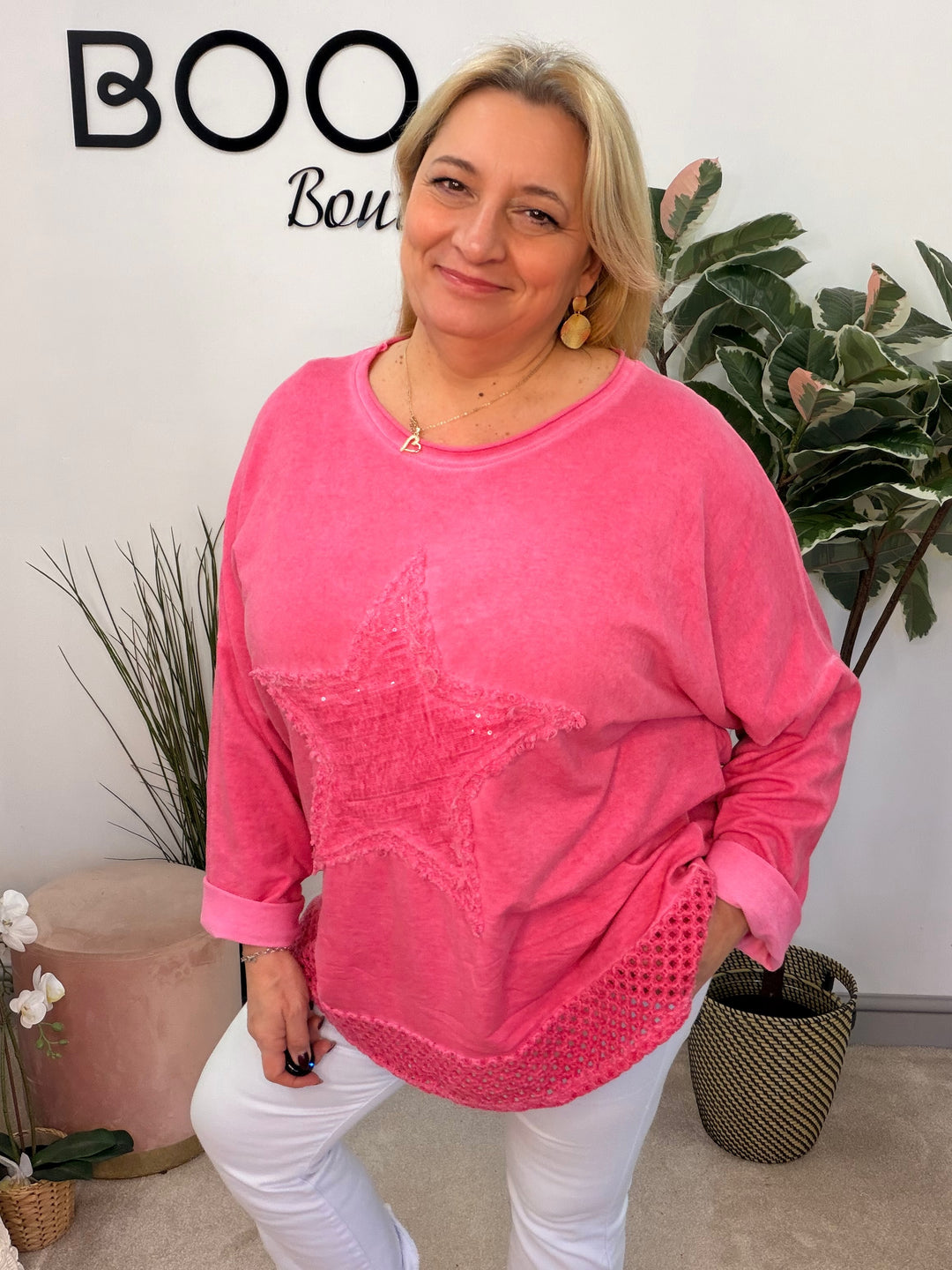 Ladies Fashion Oversize Star Sweatshirt style Top - black, white, pink, raspberry & grey