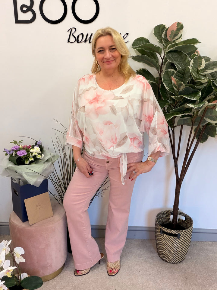 Ladies Fashion Pink Wide Leg Button Fly Jeans