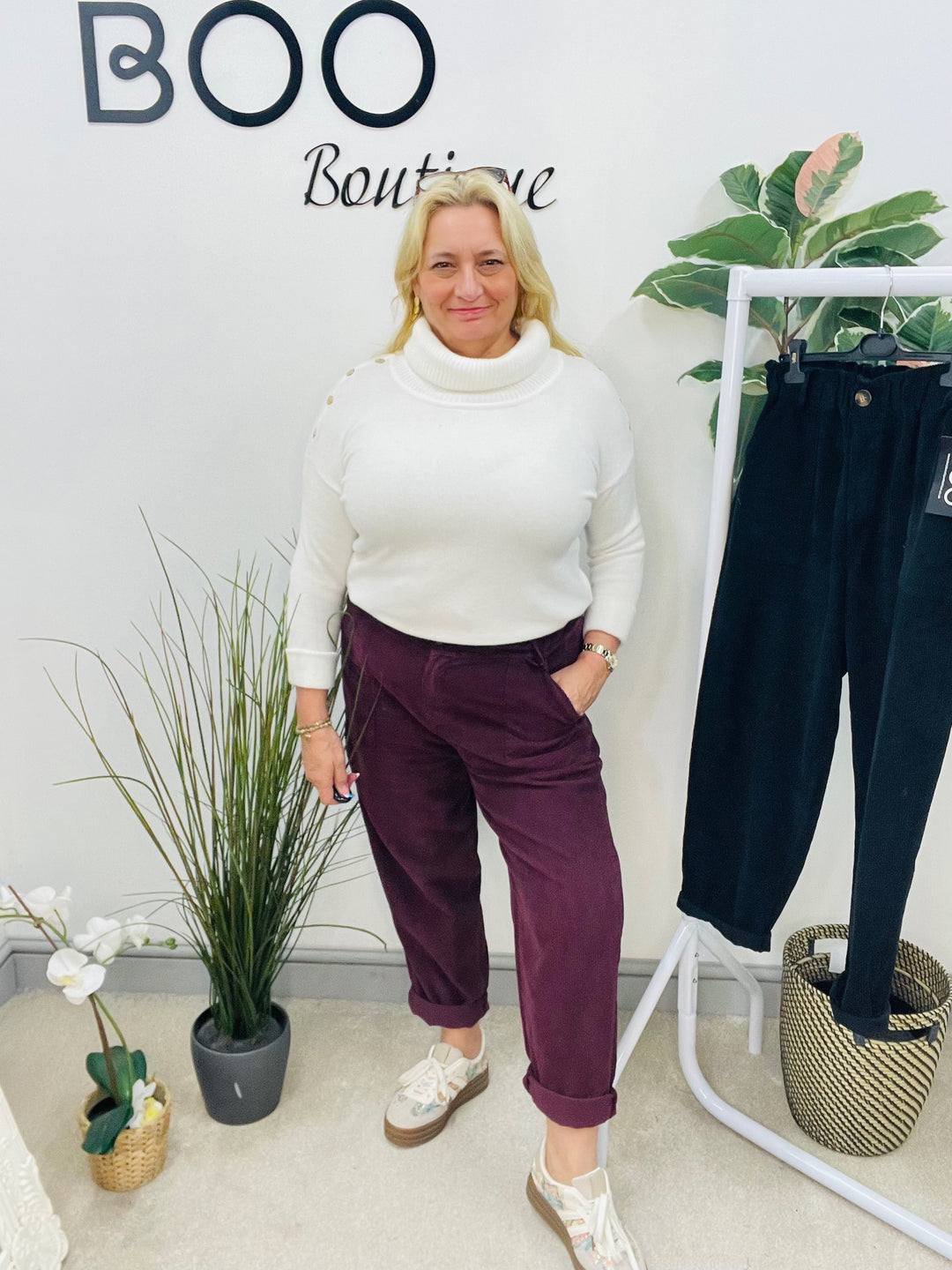 LADIES TRENDY BAGGY CORD TROUSERS - BLACK & PLUM