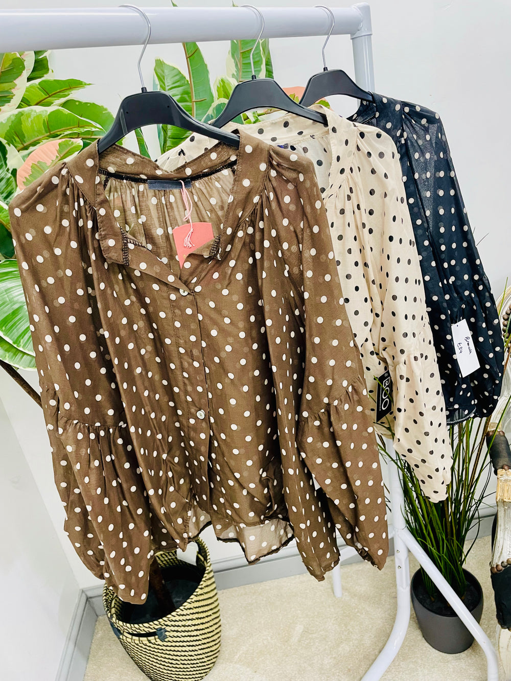 LADIES POLKA DOT LOOSE FIT BLOUSE TOP - BEIGE, BLACK & BROWN