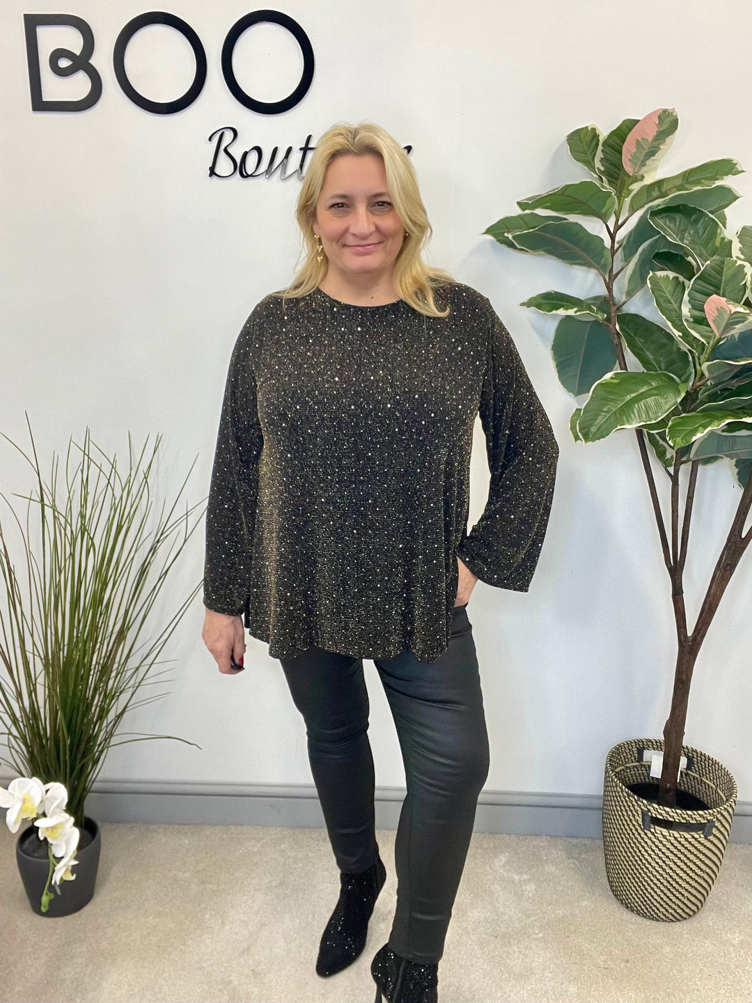 LADIES LUREX FLOATY BOW BACK TOP - BLACK, SILVER, GOLD, RED