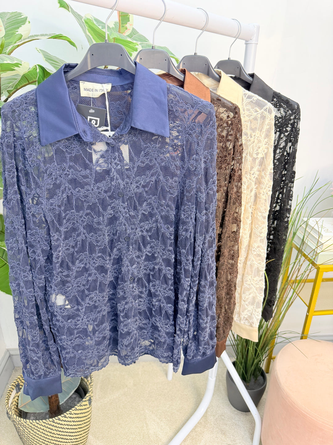 Womens Sheer Lace Satin Collar Blouse - Black, Navy, Beige, Brown