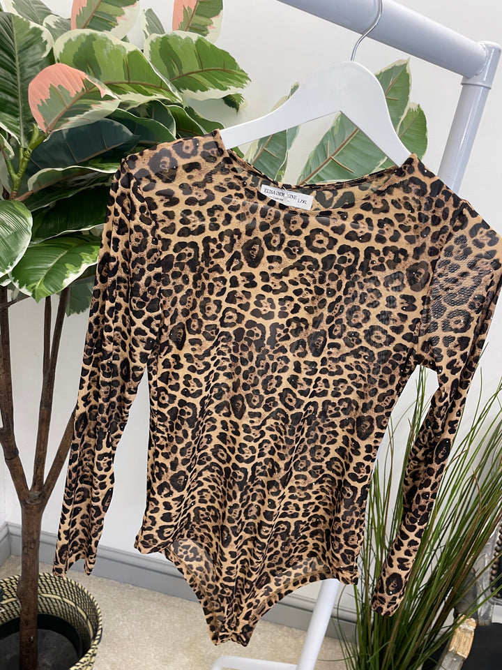LADIES SHEER STRETCH BODYSUIT - BLACK & LEOPARD PRINT