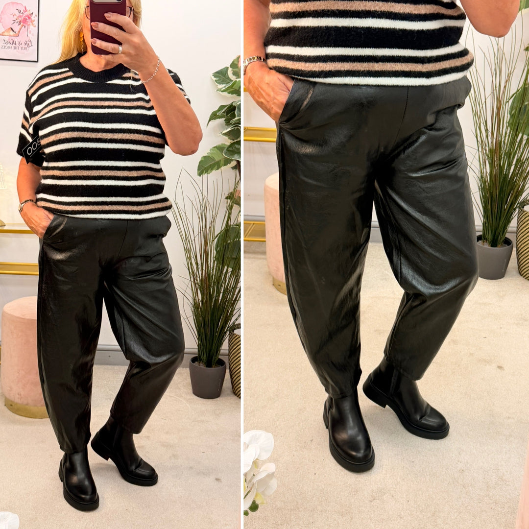Ladies Fashion Faux Leather Balloon Leg Trousers - Black & Brown