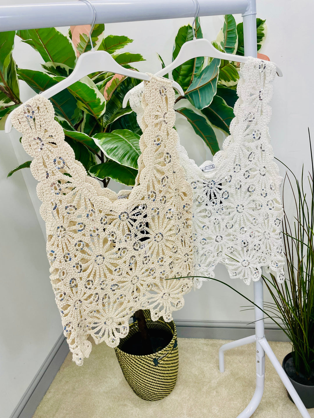 WOMENS CROCHET SEQUIN SUMMER TOP - WHITE & BEIGE