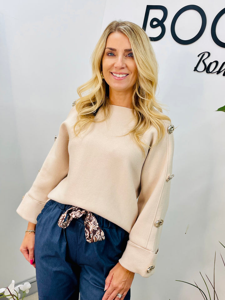 LADIES THICK KNIT GOLD BUTTON JUMPER - WHITE, BEIGE, BROWN & BLACK