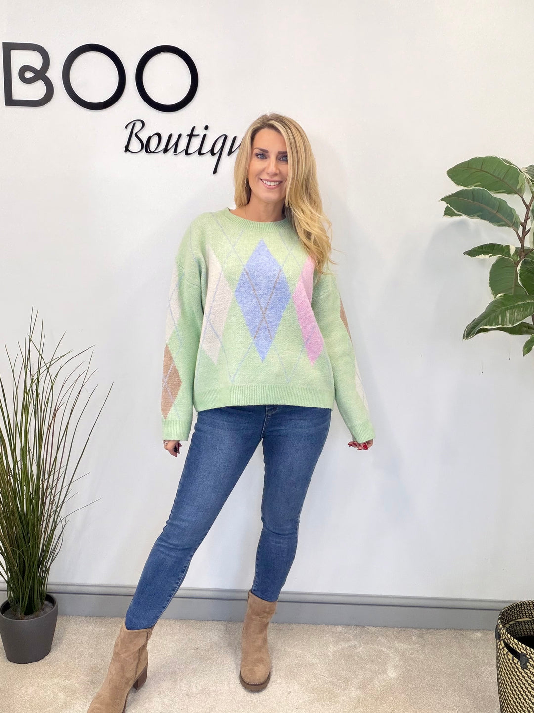 LADIES SOFT KNIT ARGYLE JUMPER - PINK, LEMON, BLUE, MINT & CREAM