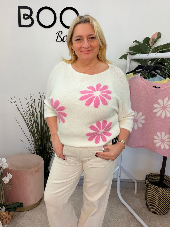 Ladies Fashion Daisy Short Sleeve Jumper - lemon, blue, white & pink