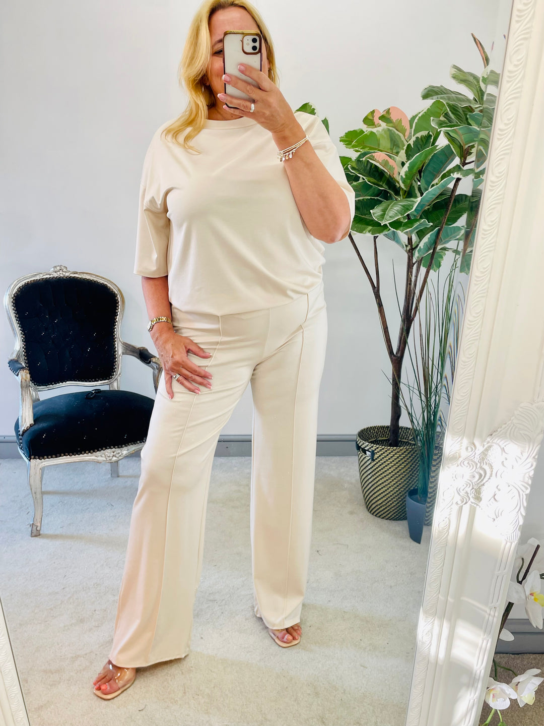 LADIES WOMENS BEIGE CASUAL TRAVELLING COMFY WIDE TROUSER CO ORD SET