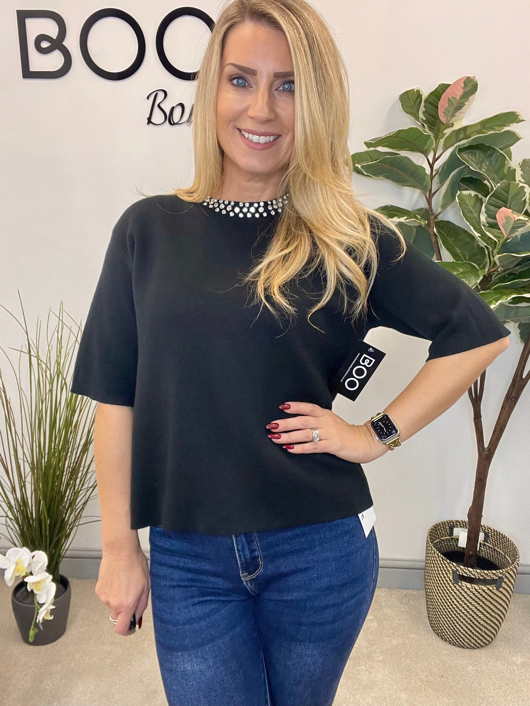 LADIES DIAMANTE NECK JUMPER - BLACK & CREAM