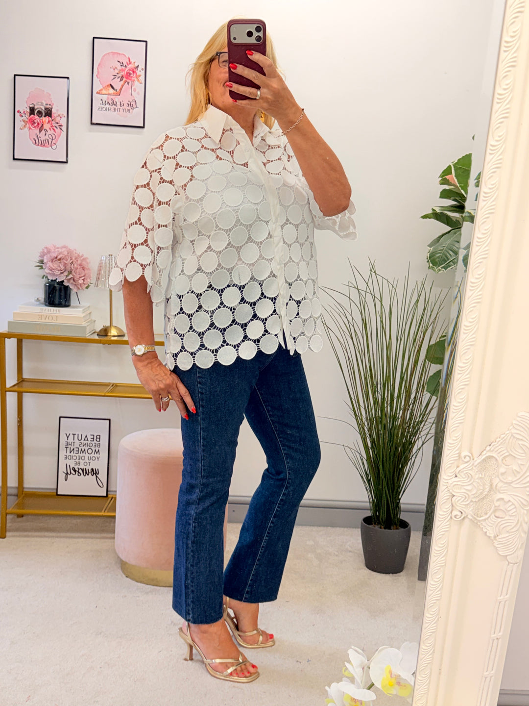 Ladies White Disc Crochet Shirt Top