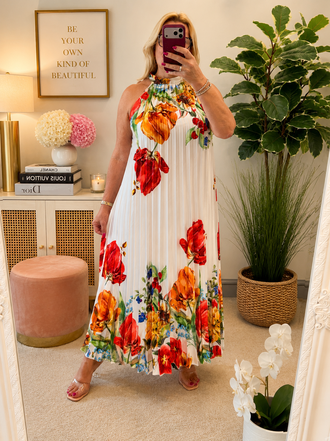 Ladies Satin Pleated Flower Print Summer Maxi Dress - Black, Cream & Blue