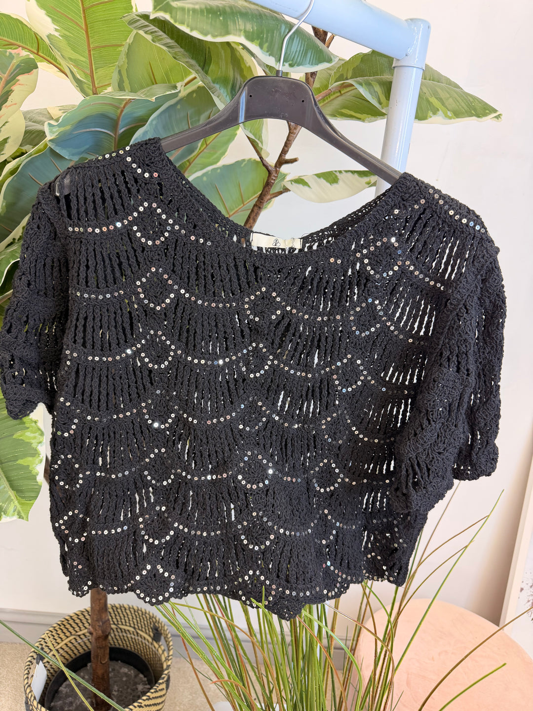 Ladies Sparkly Crochet Bolero Top - Black & White