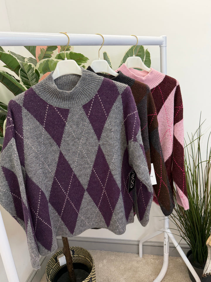 LADIES FASHION ARGYLE KNIT JUMPER - BERRY, PINK, GREY, PURPLE