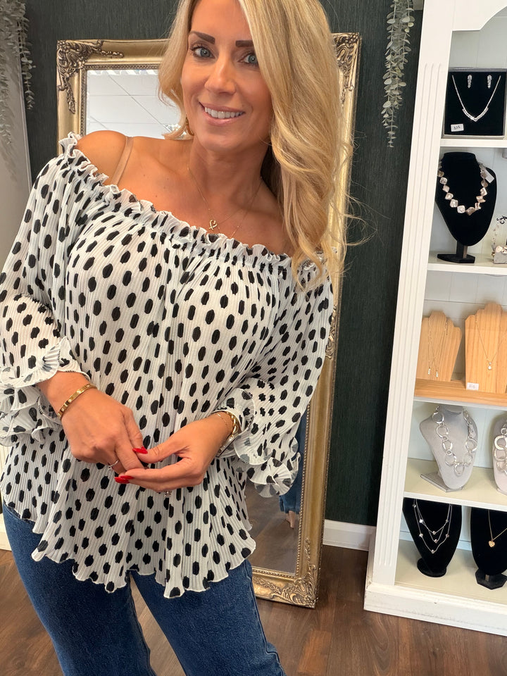Ladies Pleated Polka Dot Bardot Top - White, Black, Navy & Beige