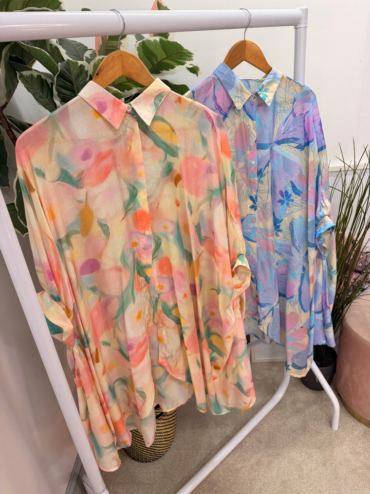 Ladies Fashion Tie Dye Loose Fit Flowy Oversize Blouse Top - pink & blue