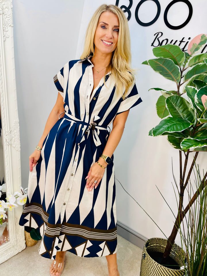LADIES AZTEC PRINT SUMMER SHIRT SMART DRESS - NAVY & KHAKI