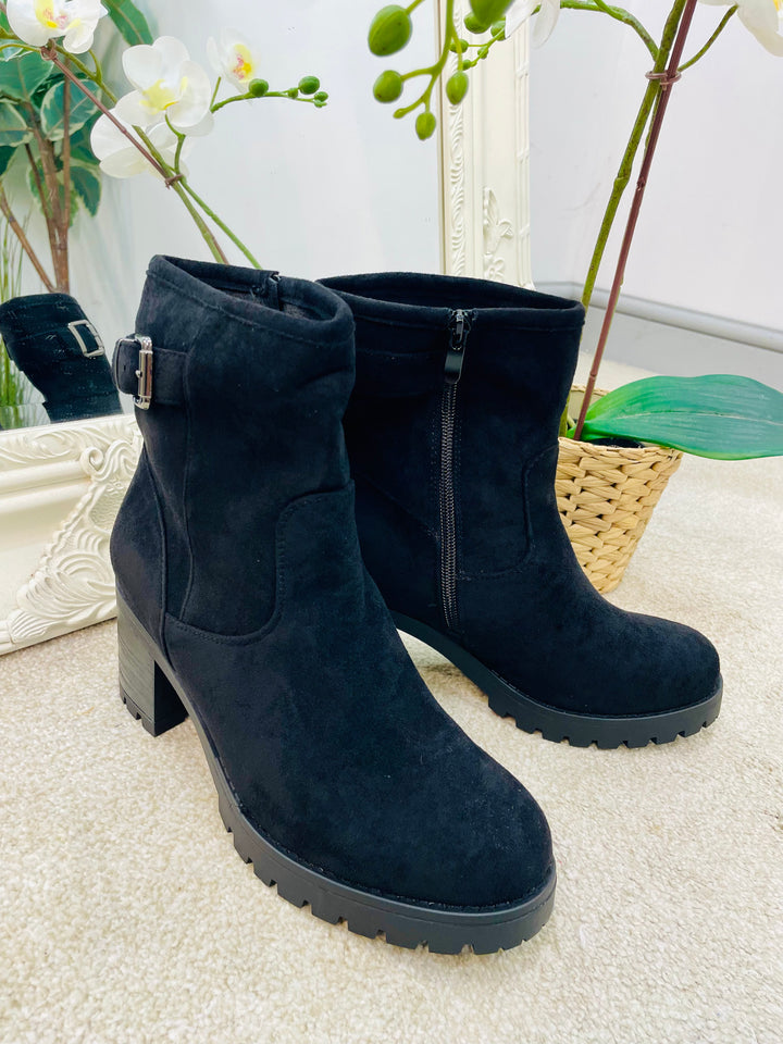 LADIES FASHION BLACK FAUX SUEDE MID HEEL ANKLE BOOTS 