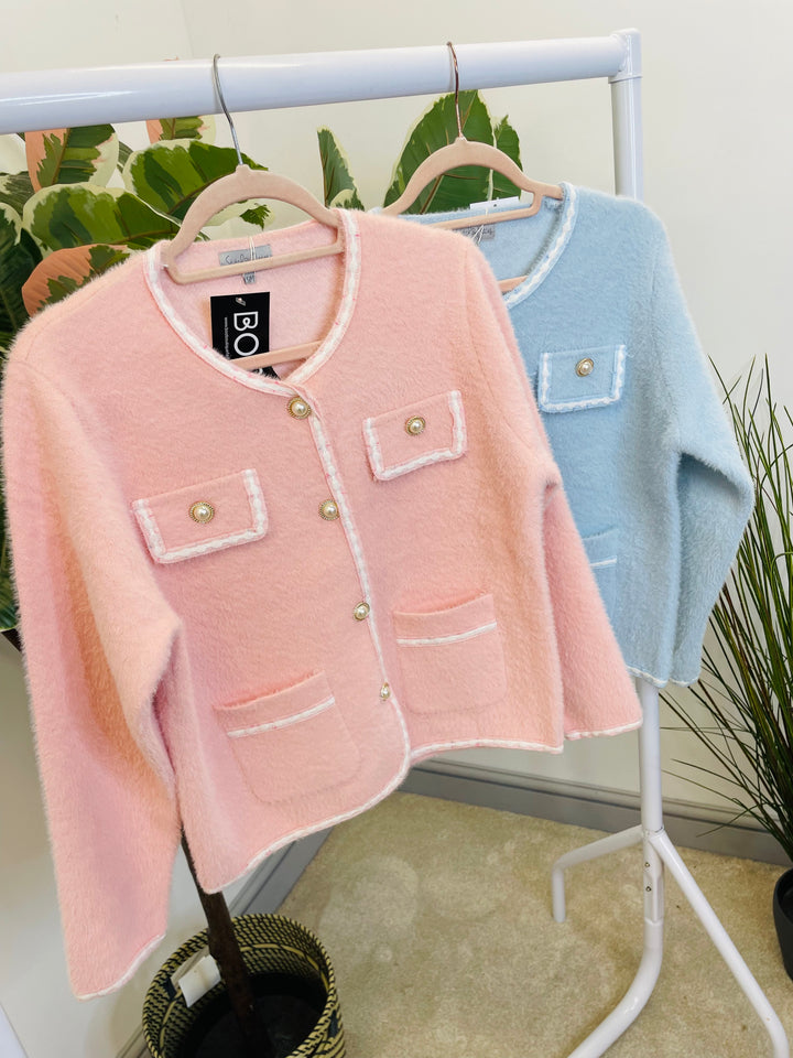 LADIES FLUFFY KNIT INSPIRED STYLE CARDIGAN - PINK & BLUE
