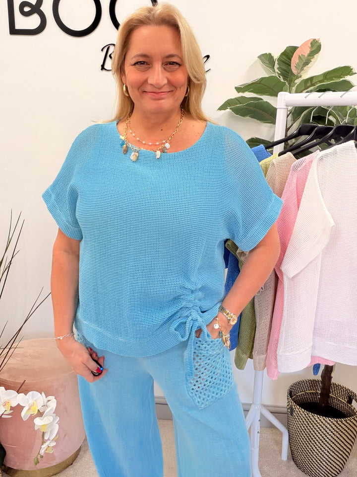 Ladies Fashion Teabag Linen Short Sleeve Top turquoise