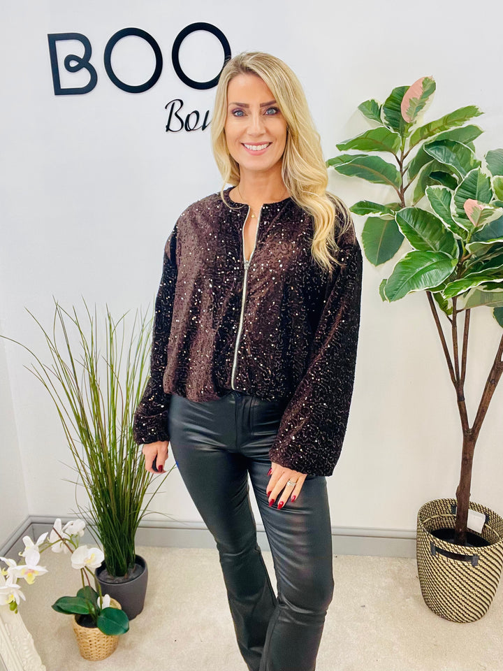 LADIES SEQUIN BOMBER JACKET - BLACK, SILVER, BERRY, BROWN