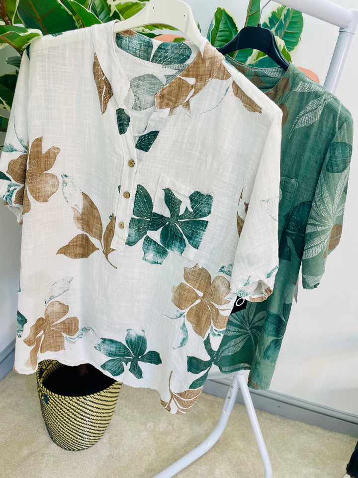 LADIES LEAF PRINT LINEN GRANDAD SHIRT TOP - WHITE & KHAKI