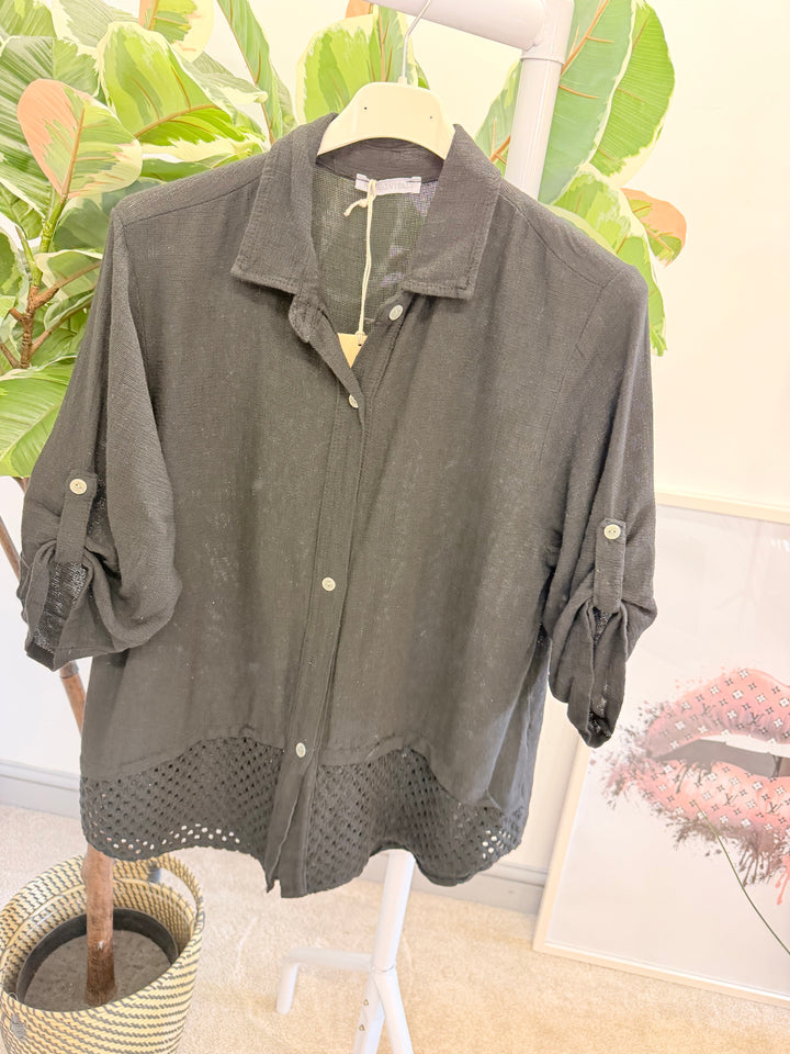 Ladies Teabag Linen Crochet Shirt Top black