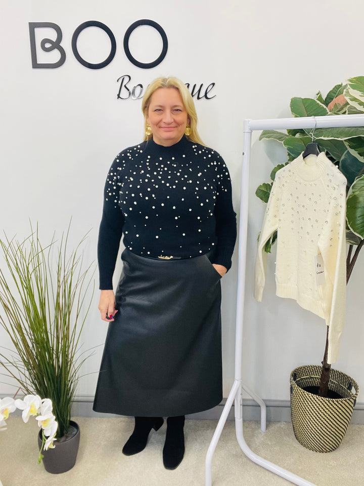 LADIES PEARL & DIAMANTE JUMPER - BLACK & WHITE