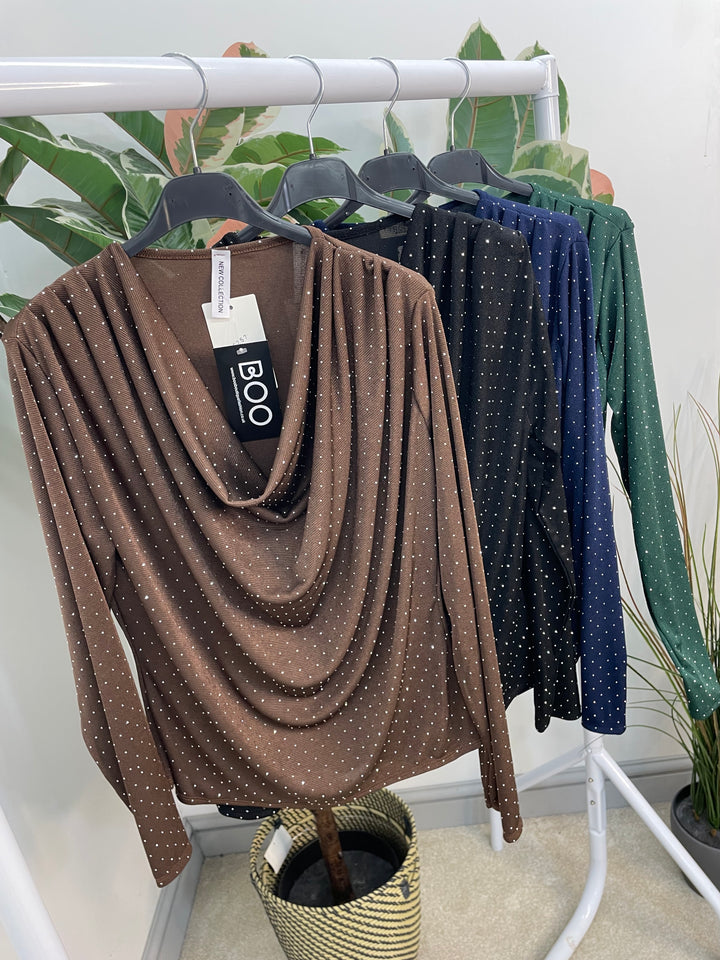 LADIES SPARKLY FESTIVE COWL NECK TOP - GREEN, NAVY, BLACK, BROWN