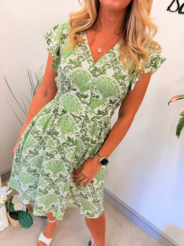 Ladies Green & White Paisley Print Summer Day Dress