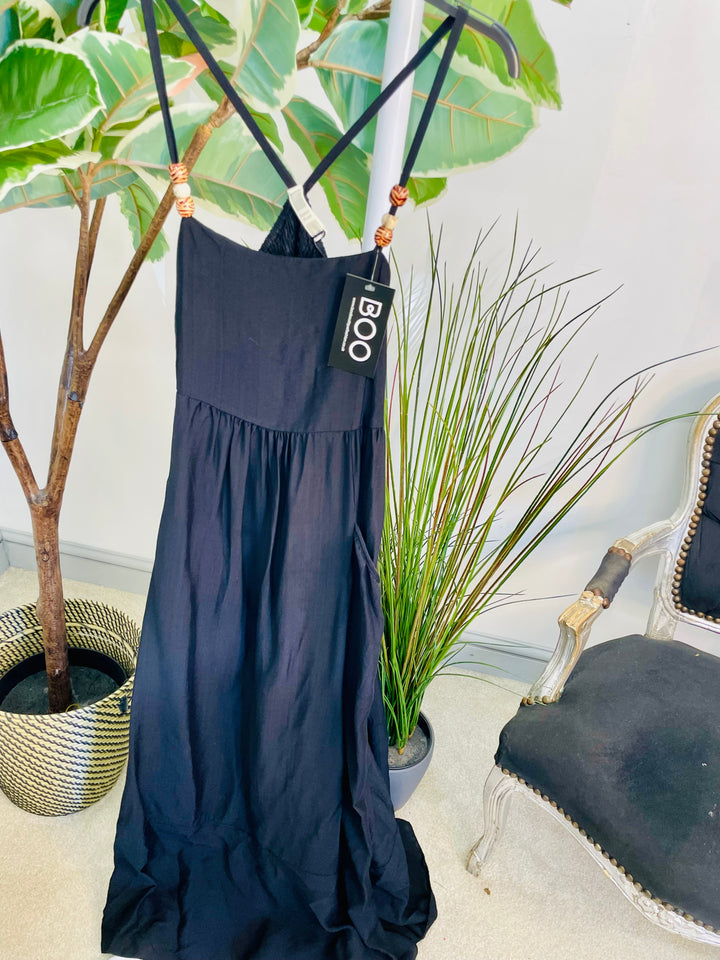 LADIES SUMMER HOLIDAY MAXI DRESS - DENIM BLUE, WHITE, BROWN, BEIGE & BLACK