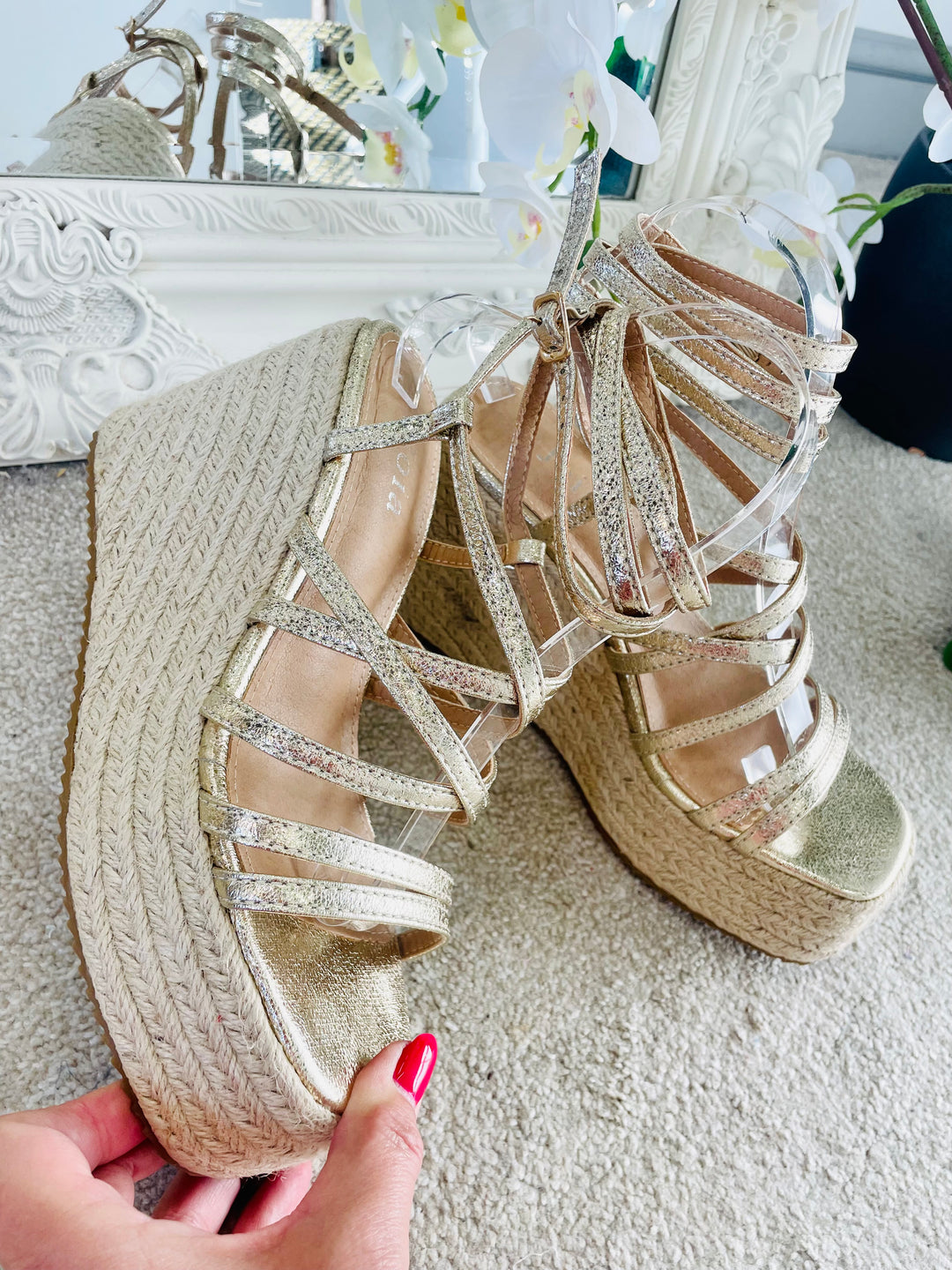 LADIES WOMENS GOLD SUMMER STRAPPY FLATFORM SANDALS SHOES
