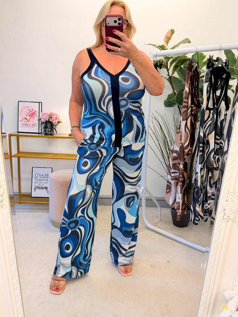 Ladies Retro Print Wide Leg Trouser Co Ord - Brown, Blue & Black
