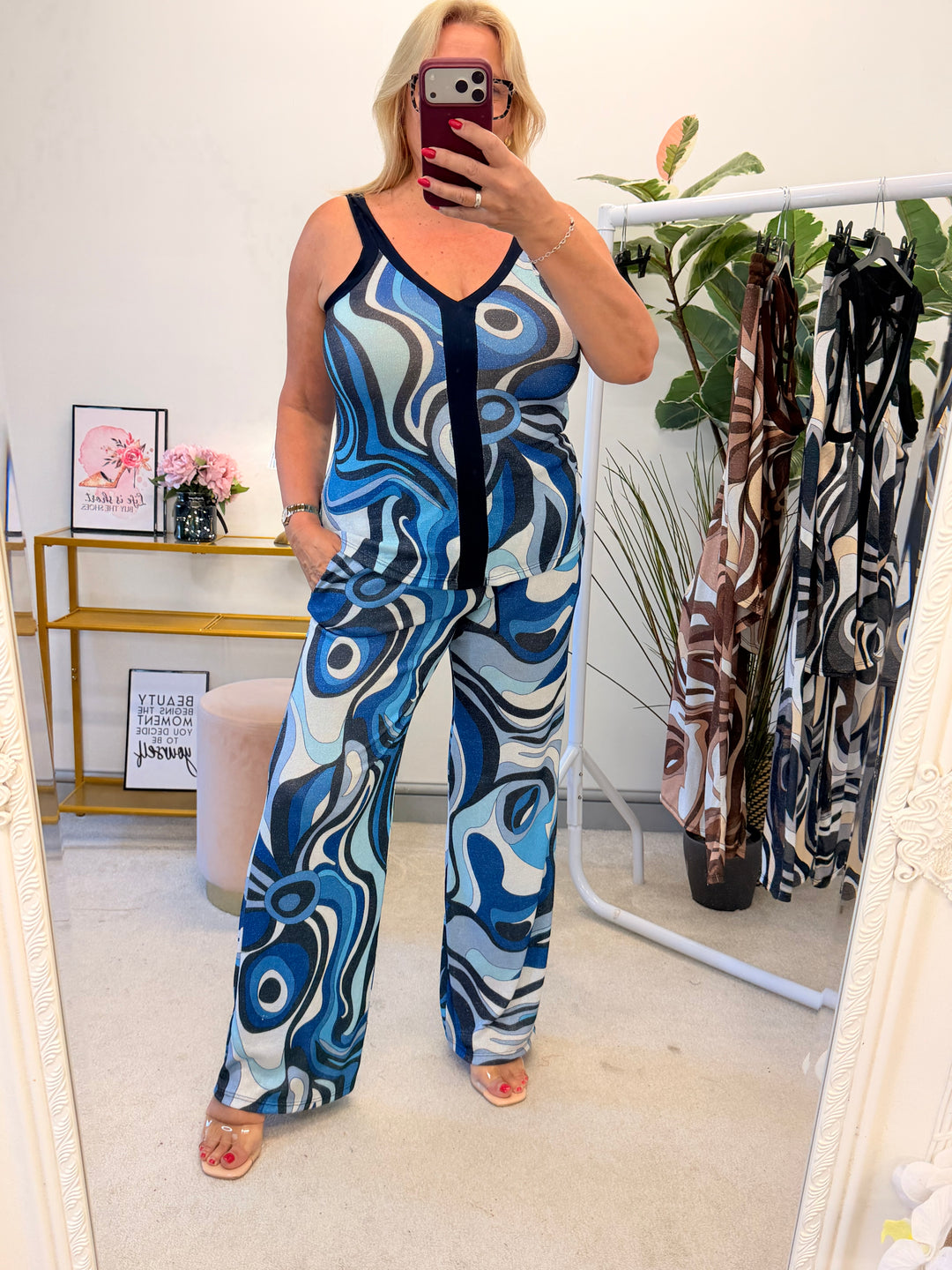 Ladies Retro Print Wide Leg Trouser Co Ord - Brown, Blue & Black