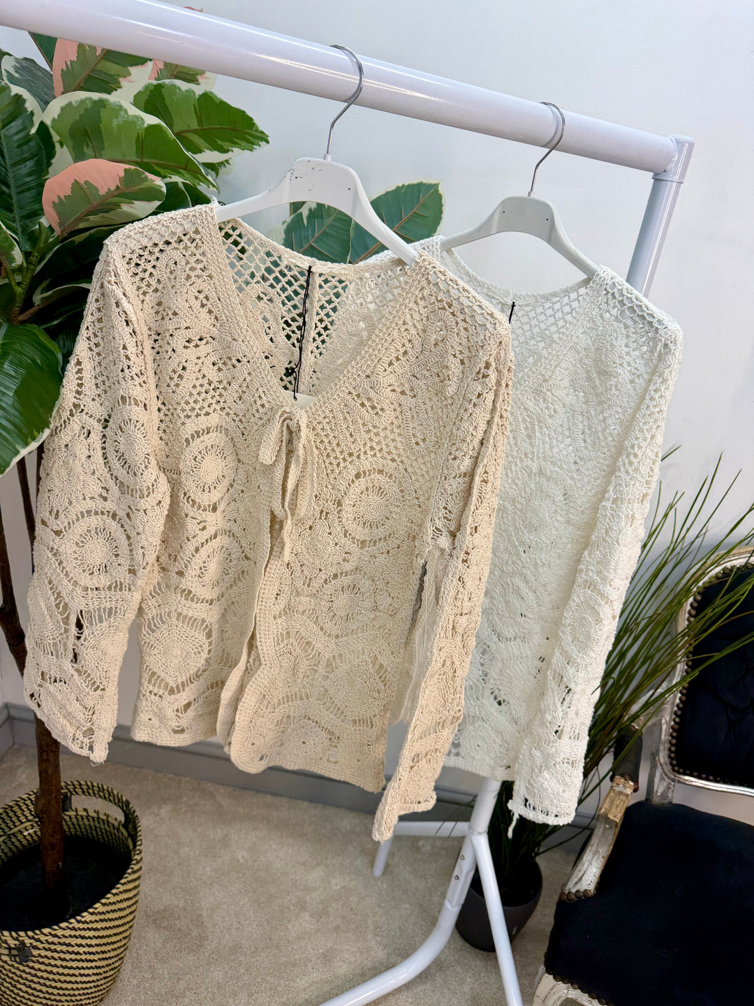 Ladies Fashion Boho Crochet Shrug Cardigan - beige and white