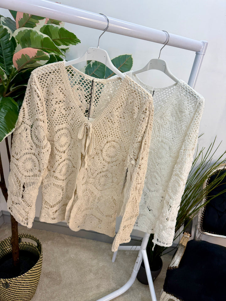 Ladies Fashion Boho Crochet Shrug Cardigan - beige and white